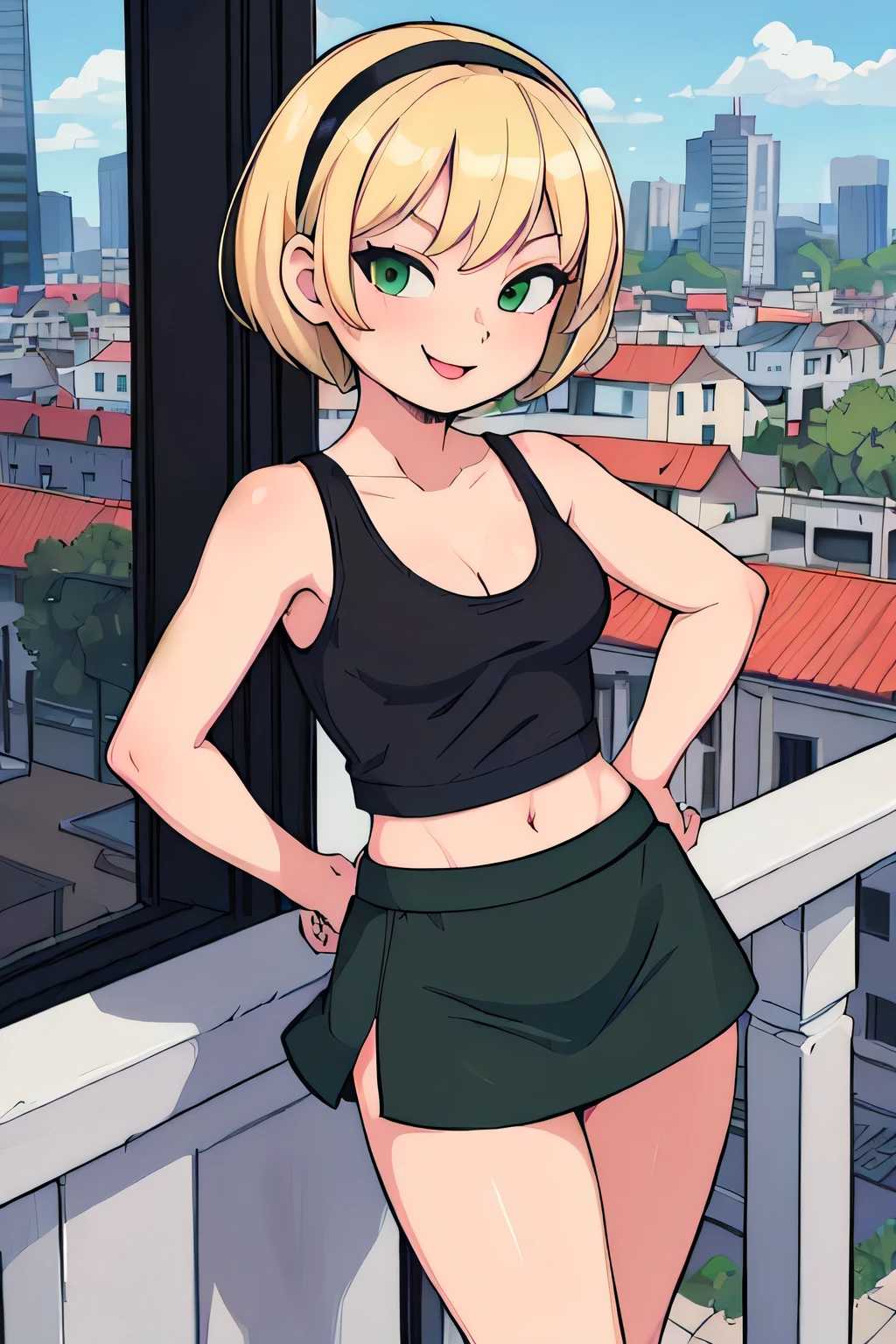 (best quality, masterpiece, ultra-detailed:1.2), 1girl ,looking at viewer, smile, ;D, OlgaPataki, short hair, blonde hair, black tank top, green miniskirt, black hairband, stylish pose, cowboy shot, balcony, city, cartoon style