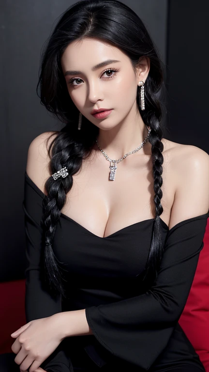 1girl, solo, black_hair, earrings, jewelry, braid, breasts, detached_sleeves, black_nails, nail_polish, bare_shoulders, cleavage, chain, long_hair, realistic, dress, looking_at_viewer, halterneck, arm_support, single_braid