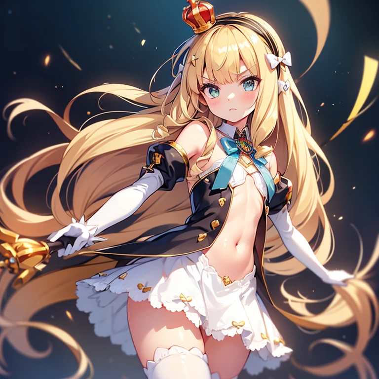 Arms crossed,Little, SD,(masterpiece, highest quality:1.2),figure,8k,High resolution,One girl,alone,upper body,(Portraiture:1.2),blonde_hair,length_hair,green_eye,hairband,mini_Crown,hair_bow,前hair,black_hairband,small_chest,white_bow,very_length_hair,gloves,white_gloves,white_Knee socks,dress,tooth,Wat,Covered_belly button,independent_sleeve,flat_chest,V-shaped_Eyebrow,zettai_ryouiki,independent_collar,full_body,ribbon,