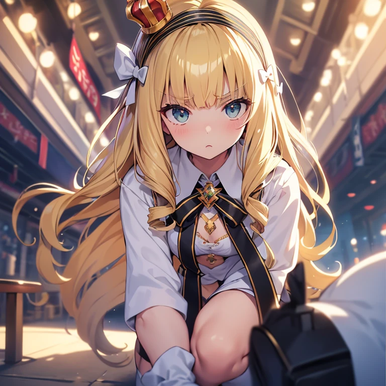 Arms crossed,Little, SD,(masterpiece, highest quality:1.2),figure,8k,High resolution,One girl,alone,upper body,(Portraiture:1.2),blonde_hair,length_hair,green_eye,hairband,mini_Crown,hair_bow,前hair,black_hairband,small_chest,white_bow,very_length_hair,gloves,white_gloves,white_Knee socks,dress,tooth,Wat,Covered_belly button,independent_sleeve,flat_chest,V-shaped_Eyebrow,zettai_ryouiki,independent_collar,full_body,ribbon,