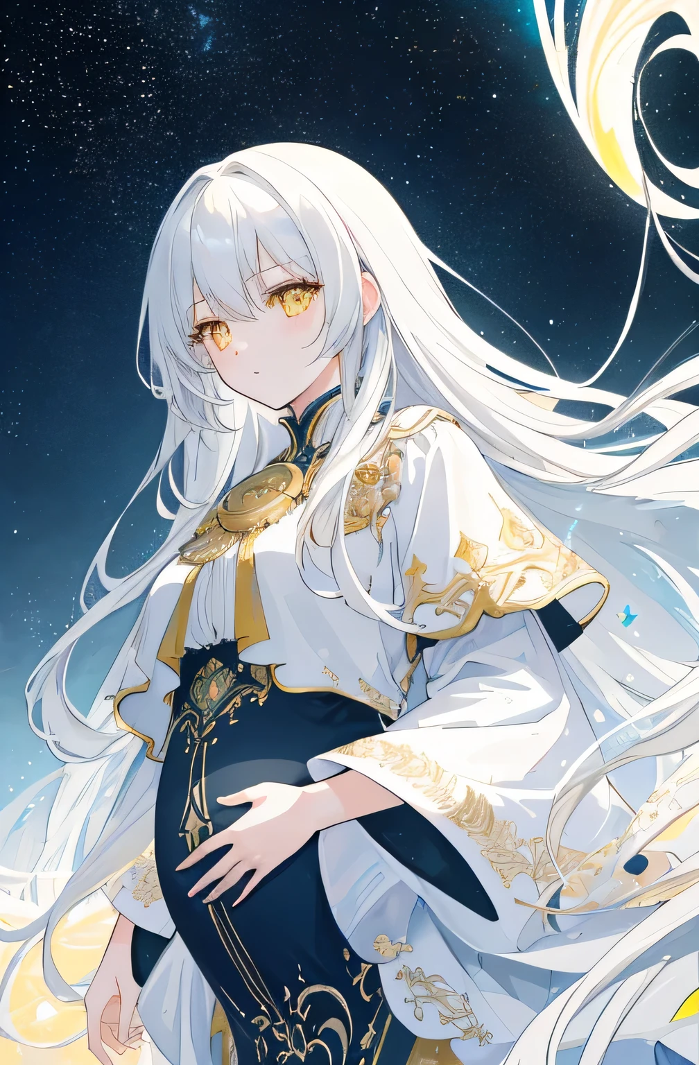 ((masterpiece)), ((best quality)), (amazing desinger), (best artist), (best illustrated landscape), (best performance), (4k Full HD), (HDR+), (1girl) with (long) white hair, (sparkling yellow eyes), in a landscape on the side with (amazing) starry sky drawn in artistic and cinematic tones-- MeinaPastel style--v5 (anime illustration), pregnant
