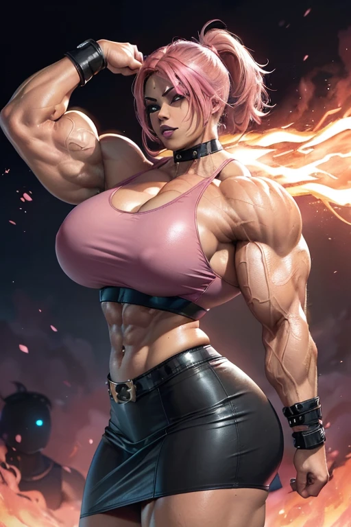 ((((Massive, beautiful, buff, light brown skinned, muscular woman with shocking pink hair, black lipstick, glowing red eyes, ginormous bulky muscles, and wearing a black leather sports bra with loose skirt)))), close view, massive muscles, massive biceps, hyper muscle triceps, (angled bob cut), red eyes, (studded wristband), (loose skirt), high heels boots, (in a sea of pink flames), surrounded by pink fire, night, smirk, hyper muscles arms, hyper muscle legs, massive arms.