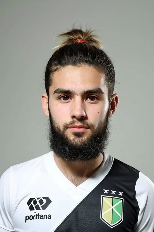 crie uma imagem de um jogador chamado. Marcos Alex Costa da Silva who is blonde with a samurai hairstyle with light green eyes and a beard who played in the youth category of Botafogo da Paraíba.com foto preto e branco