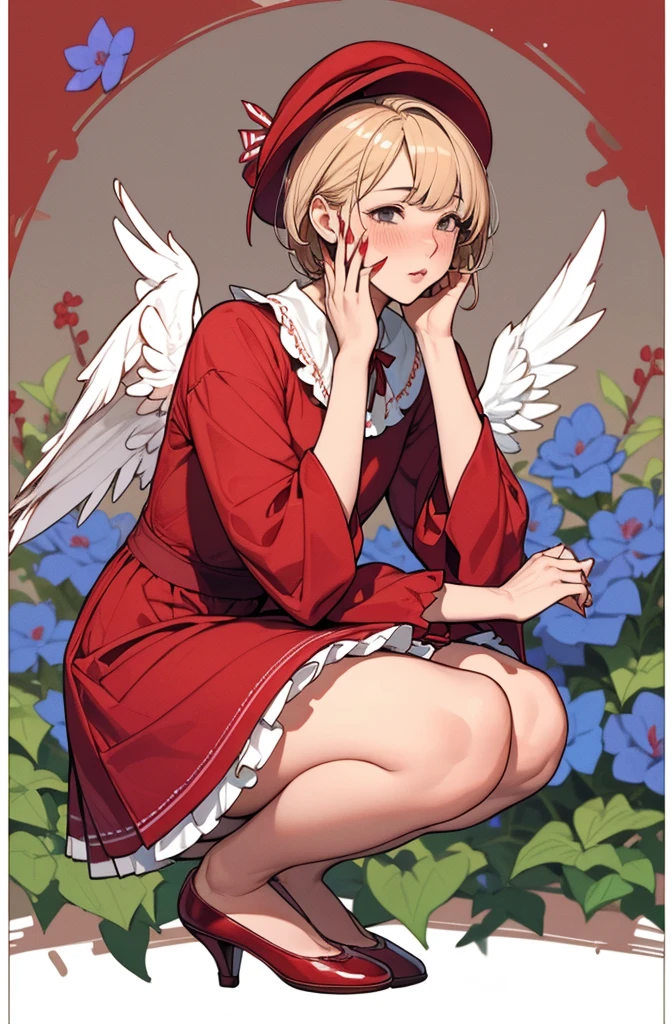 Uekura, 1 girl, Blonde, (Background of a well-kept English garden(1.8)), have, Wine Red Dress, Wine Red Footwear, wing, sign, blue flower, Manicure, Wide sleeves, Long sleeve, blush, animal, Wine red flowers, alone, whole body, bird, Looking at the audience, High heels, Put your hand on your cheek, Put your hands on your face, Frills, bow, bangs, Red border ribbon, Bell, Wine red hat, +_+, shoes下, short hair, Grey Eyes, shoes, Wine red nails, feathered wing, red bow, squat(1.6)