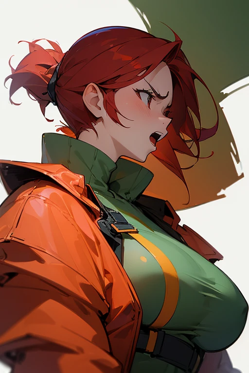 ((Masterpiece, Best Quality)), (1 woman, Solo: 1.4), red hair, busty, muscle, green sweather, white background, sideview, yelling, angry, strong emotion, expressive