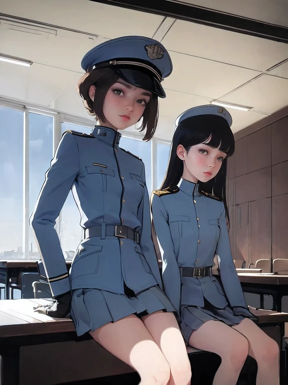 superflat, flat shading, flat colors, (masterpiece:1.2, best quality), (closeup), 2girls, young , slim, (white military outfit), pleated skirt, military hat, space cadet, sitting by desk, in classroom, put head on hand, bored, classmates in background, (spaceship interiors), futuristic, cosmos, watercolor