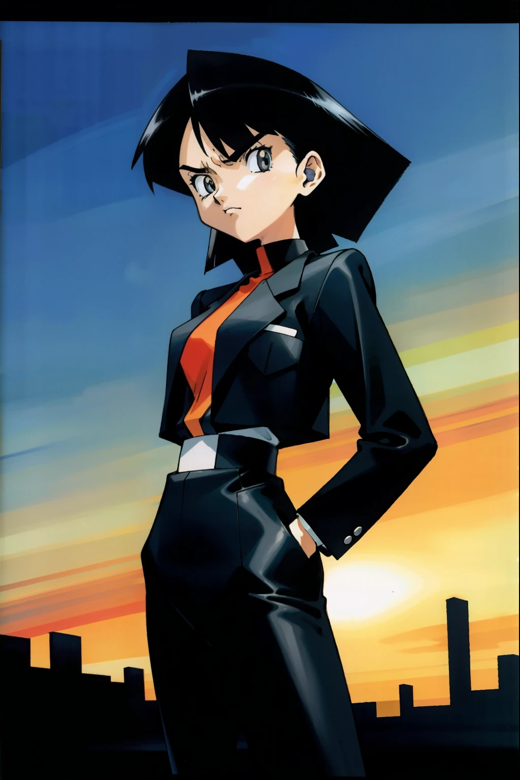 by Ken Sugimori, sugimori 1990s, ((only 1woman)), black business suit, scowling ((hands behind their back)), full black pupils, manga, best quality, highly detailed, clean lines, cowboy shot, good hands, good eyes, hd, 8k, professional, symmetrical, hires, 8k,