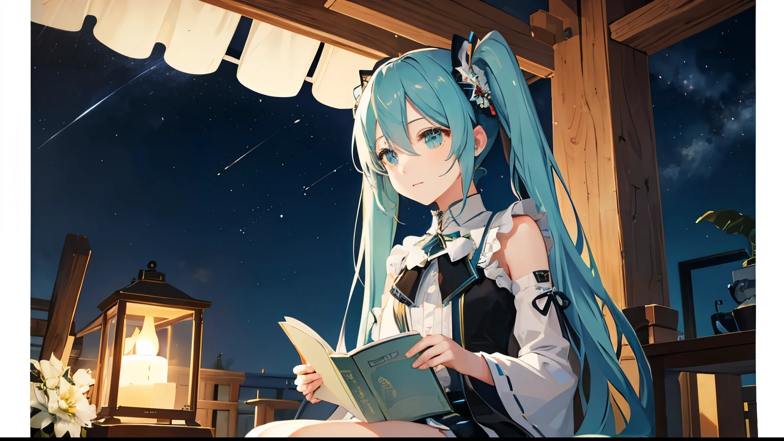 Under the beautiful starry sky、Reading by the campfire、Hatsune Miku。4K