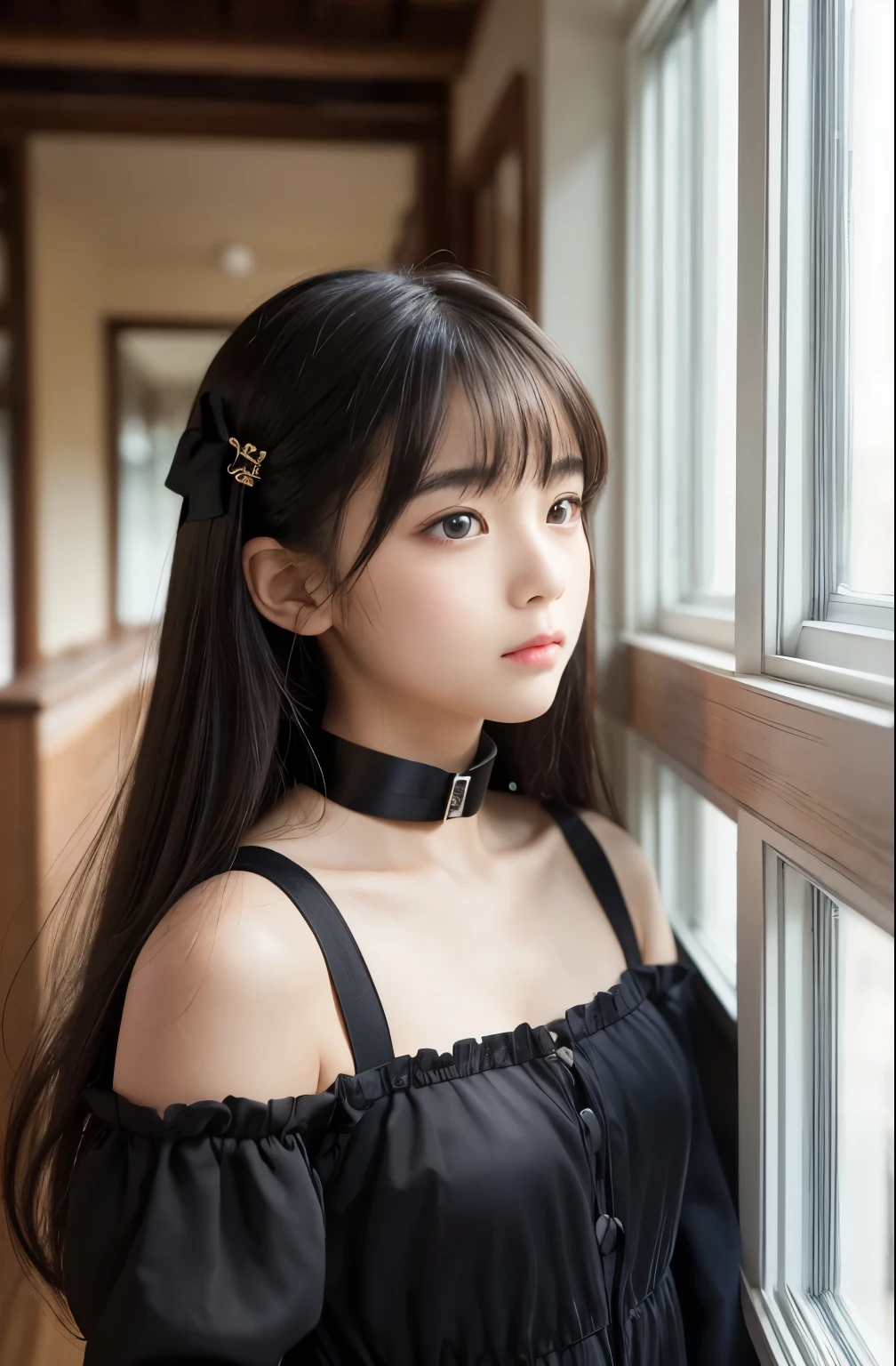 (Best Picture Quality,8K Quality,Masterpiece:1.3,),(Super A Quality,Photorealistic:1.4,Raw Photo),(Asahi:1.3),(Masterpiece:1.2),(Realistic:1.2),(Raw Photo),(Detail:1. 2), Official Art, Unity 8K Wallpaper, super definition, aesthetic, masterpiece, highest quality, attic, nature Light, bright sunlight, window, (window open), wind, lone girl, standing by window, (wind blowing in), red ribbon in hair, black hair, bangs, 10 years old, pretty face, glossy cheeks, black dress, (long sleeves, collar), wooden frame and window, 