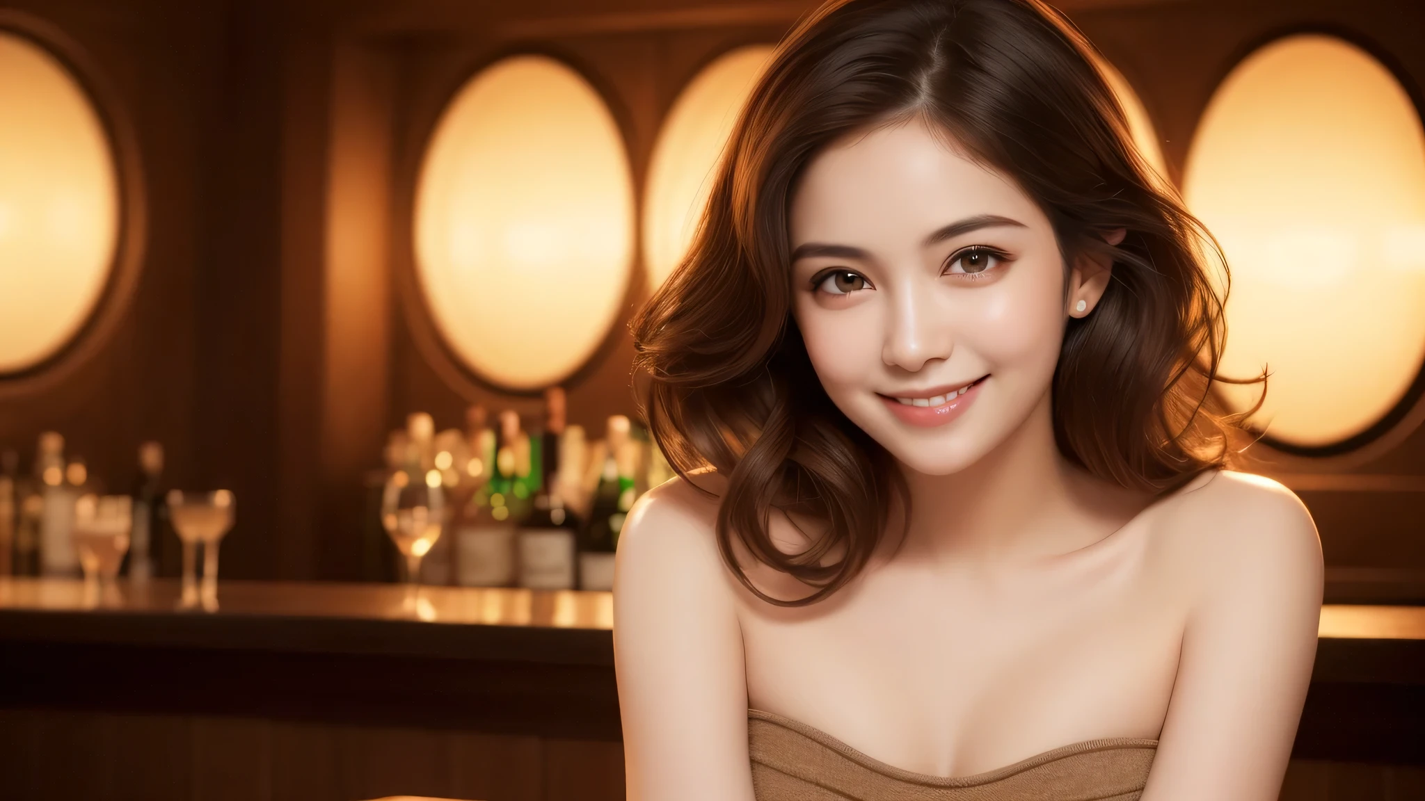 (1woman), brown eyes, A very neat face, (cute smile:1.2), (innocent smile:1.2), Wavy hair, (highly detailed eyes, highly detailed face), (Tube top:1.2), (hyper-realistic, hight resolution), (best Quality:1.4), model, Enchanting, Cocktails bar, stylish bar, indirect lighting, (Fine face:1.2),