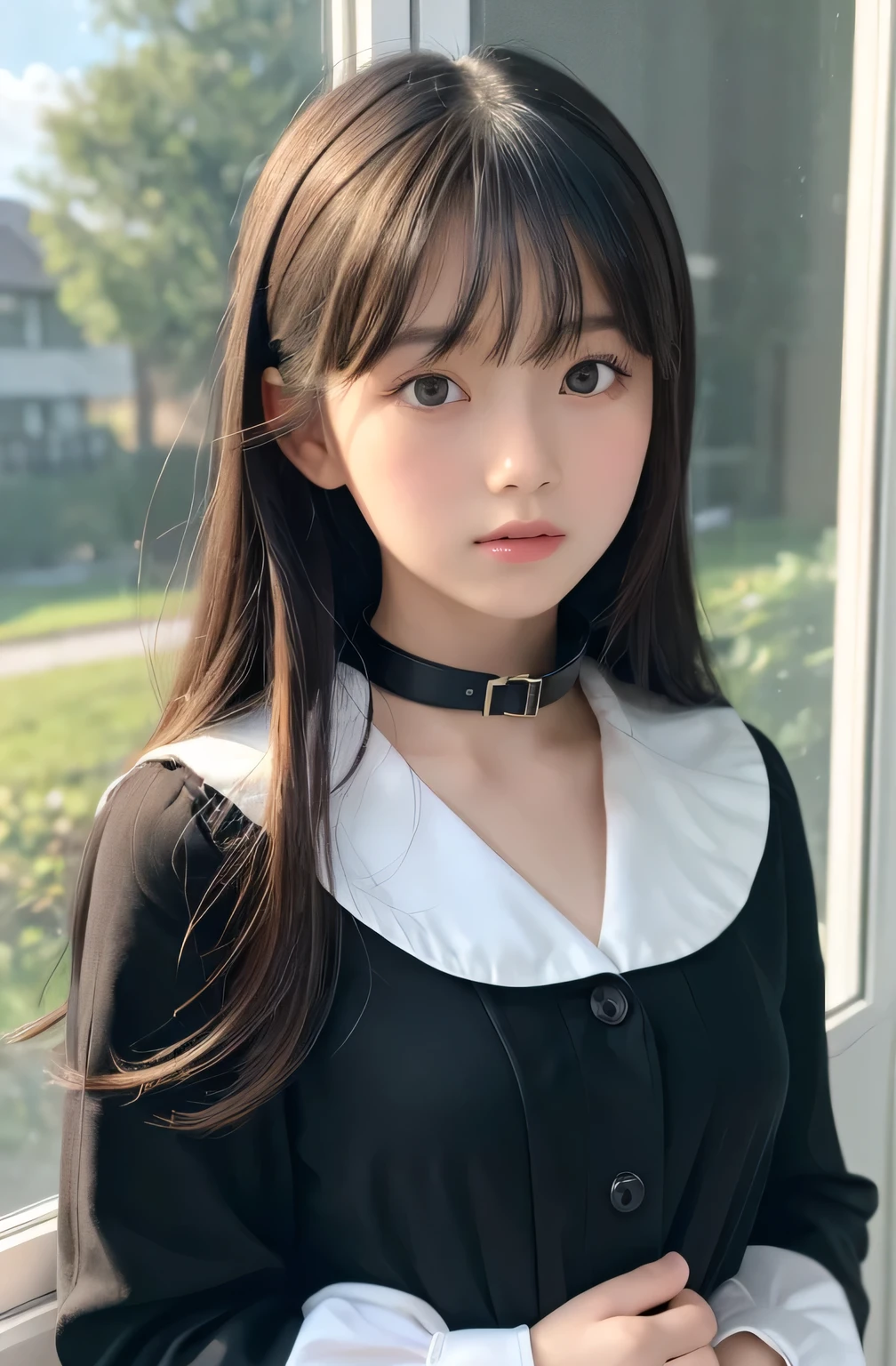 (Best Picture Quality,8K Quality,Masterpiece:1.3,),(Super A Quality,Photorealistic:1.4,Raw Photo),(Asahi:1.3),(Masterpiece:1.2),(Realistic:1.2),(Raw Photo),(Detail:1. 2), Official Art, Unity 8K Wallpaper, super definition, aesthetic, masterpiece, highest quality, attic, nature Light, bright sunlight, window, (window open), wind, lone girl, standing by window, (wind blowing in), red ribbon in hair, black hair, bangs, 10 years old, pretty face, glossy cheeks, black dress, (long sleeves, collar), wooden frame and window,