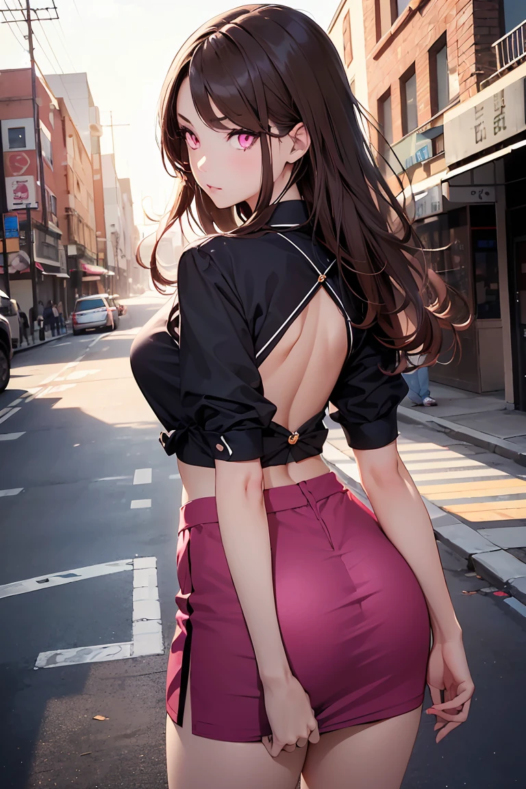 ((1 girl)), Latest Trends in Clothing, Back view, Squat, skirt, Street fashion,Cowboy Shot,((Very detailed,highest quality, High resolution, 8k wallpaper, Beautiful clothes,)),((Dark brown hair, Long Hair,Straight hair)) ,(Pink Eyes),eye shadow, eyeliner,Glow Eye, Very detailedな目, Complex eyes, Beautiful Eyes, ((輝くPink Eyes)), 18-year-old girl.