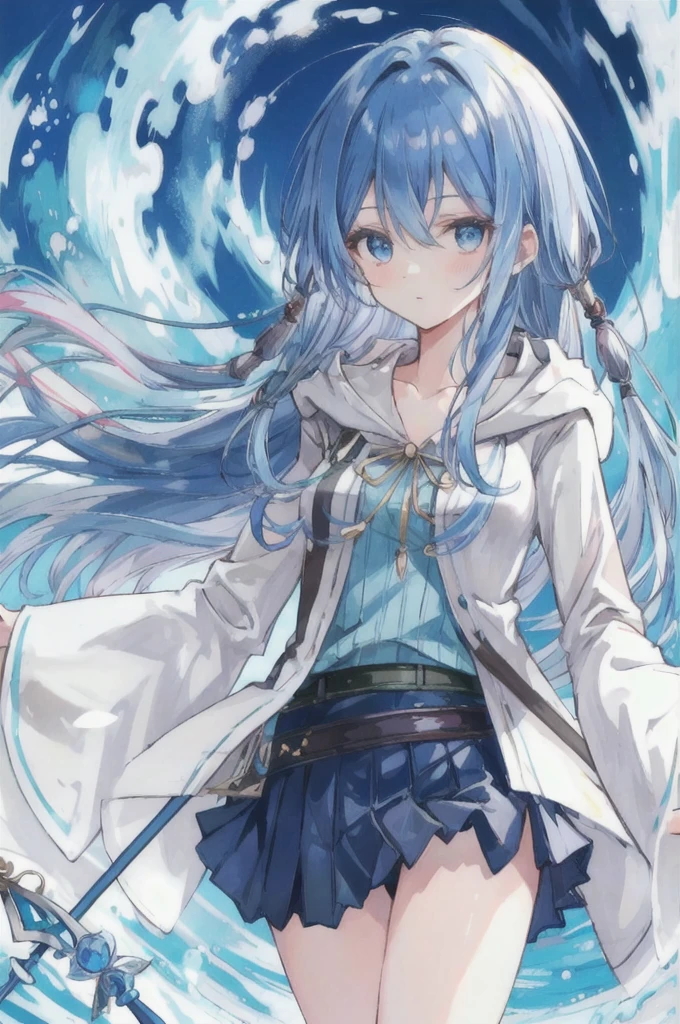 masterpiece, best quality, Ultra-high quality CG, Elijah I, 1 girl, Solitary, Long hair, Looking at the audience, skirt, shirt, Long sleeve, Keep, Hair between the eyes, Medium breasts, Keep your mouth shut, clavicle, Cowboy shooting, pleated skirt, Open your clothes, hood, Wide sleeves, black skirt, Blue Background, hood down, staff, robe, green shirt, Keep staff, Monster duel, ribbed shirt, open robe, hooded robe