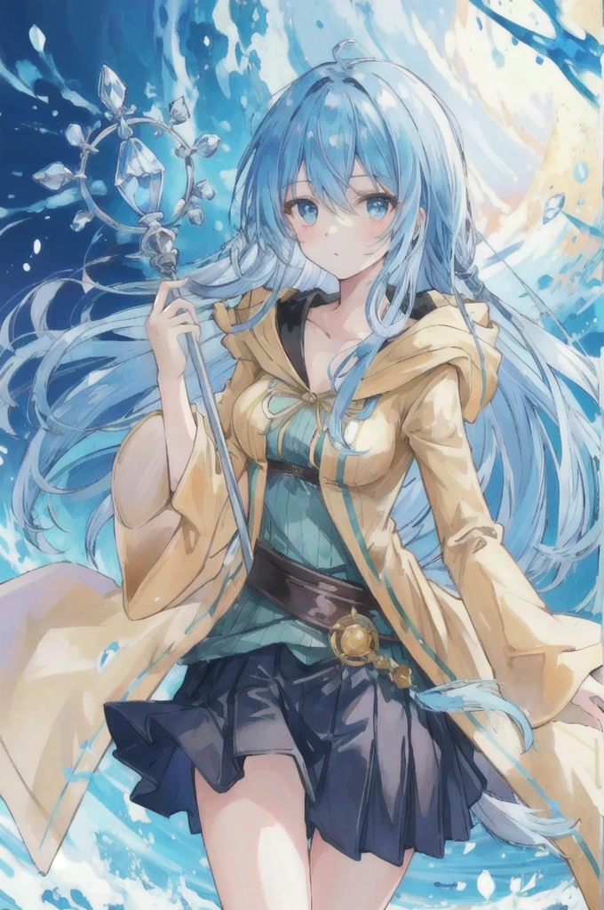 masterpiece, best quality, Ultra-high quality CG, Elijah I, 1 girl, Solitary, Long hair, Looking at the audience, skirt, shirt, Long sleeve, Keep, Hair between the eyes, Medium breasts, Keep your mouth shut, clavicle, Cowboy shooting, pleated skirt, Open your clothes, hood, Wide sleeves, black skirt, Blue Background, hood down, staff, robe, green shirt, Keep staff, Monster duel, ribbed shirt, open robe, hooded robe