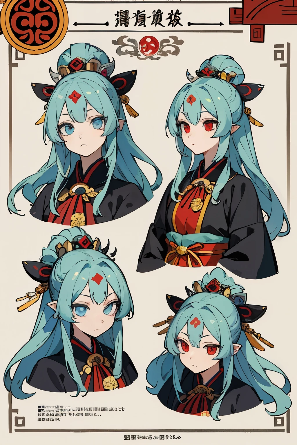 (masterpiece, highest quality) detailed, Character List, A highly-equipped Gothic queen, Yokai illustration style, Aztec art, detailedが満載, Character Sheet, Multiple possibilities and expressions, highly detailed, depth, Many parts
