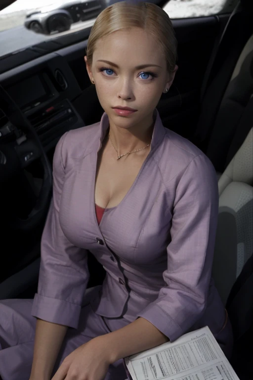 T3RMKL0K, a woman in her car, driving, blue eyed, cleavage, Nurse, Nurse Outfit, Nurse Uniform