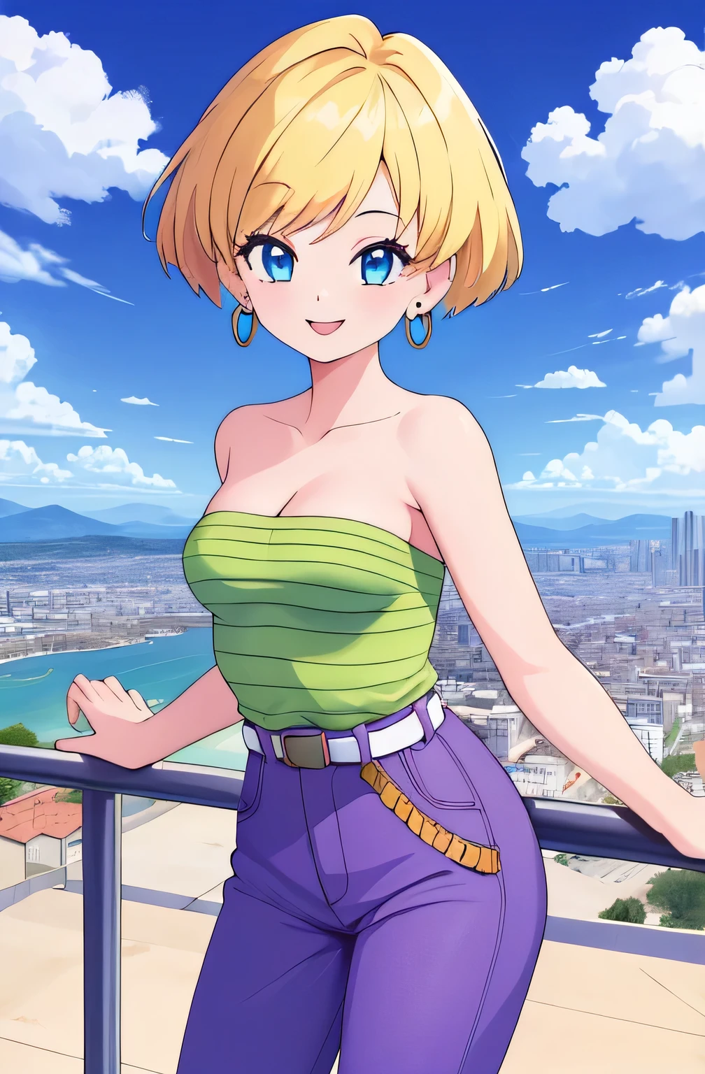 (Best Quality, Masterpiece:1.4), (Absurdres:1.2), 1 girl, Solo, erasa, blonde hair, blue eyes, earrings, green shirt, striped, strapless, cleavage, white belt, purple pants, small breasts, sky, clouds, cityscape, smile, looking at viewer, cowboy shot, railing