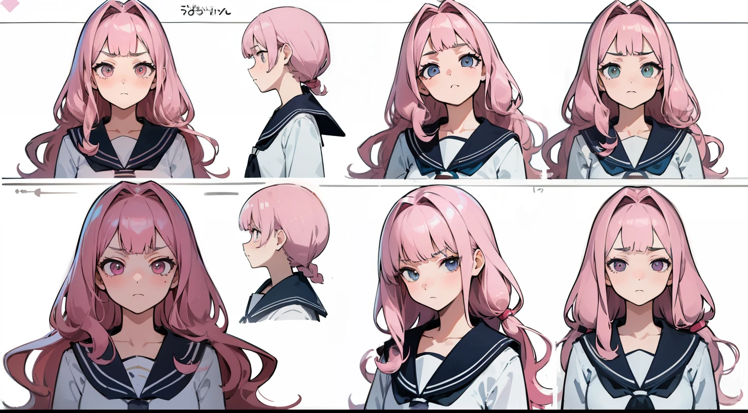 ((masterpiece, highest quality)), Detailed face, Character Sheet, whole body, Full of details, Various poses and expressions, Very detailed, depth, Many parts, One girl, , seifuku, Sailor suit, Long sleeve, Pink Hair, Wavy Hair, Long Hair, Blunt bangs, Tsundere, Flat Chest, Angry expression