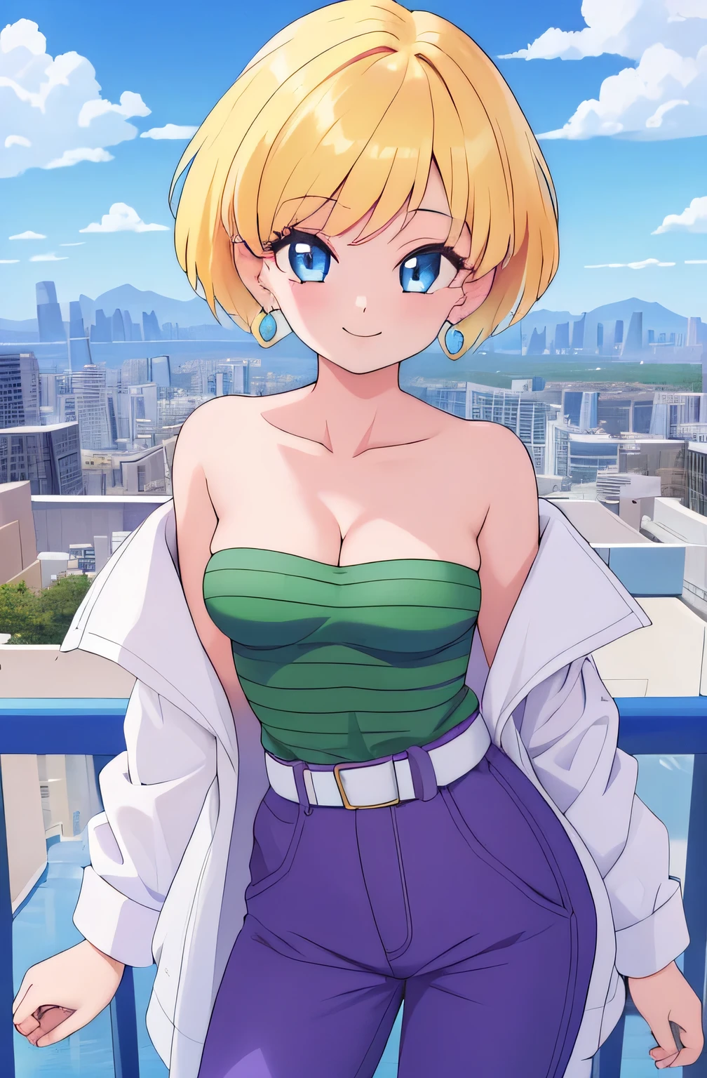 (Best Quality, Masterpiece:1.4), (Absurdres:1.2), 1 girl, Solo, erasa, blonde hair, blue eyes, earrings, green shirt, striped, strapless, cleavage, white belt, purple pants, small breasts, sky, clouds, cityscape, smile, looking at viewer, cowboy shot, railing