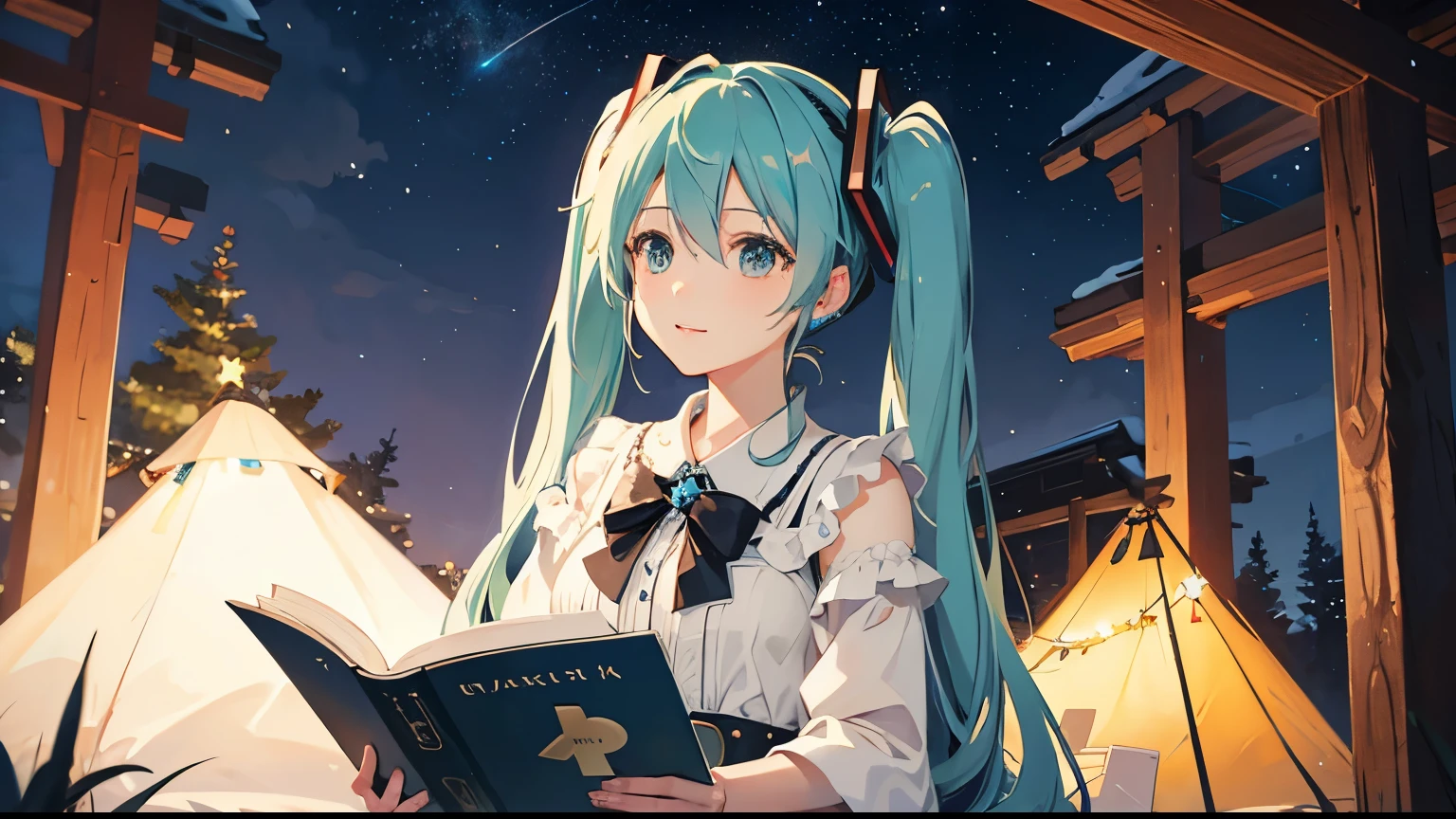 Under the beautiful starry sky、Reading by the campfire、Hatsune Miku。4K