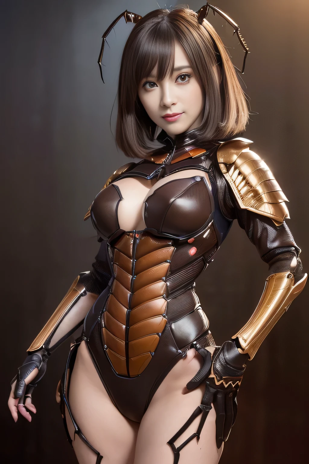 (high resolution,masterpiece,best quality,extremely detailed CG, anime, official art:1.4), realistic, photo, amazing fine details, all intricate, gloss and shiny,awesome many layers, 8k wall paper, 3d, sketch, kawaii, illustration,( solo:1.4), perfect female proportion,villainess, (fusion of dark brown cockroach and lady:1.4), (brown cockroach form lady:1.2), (brown cockroach lady:1.2), (fusion:1.2), (solo:1.4), (evil smile:1.2), muscular, abs, (cockroach brown exoskeleton bio insect suit:1.4), (cockroach brown exoskeleton bio insect armor:1.2), (brown transparency cockroach wing:1.4), (brown cockroach antennae:1.3),