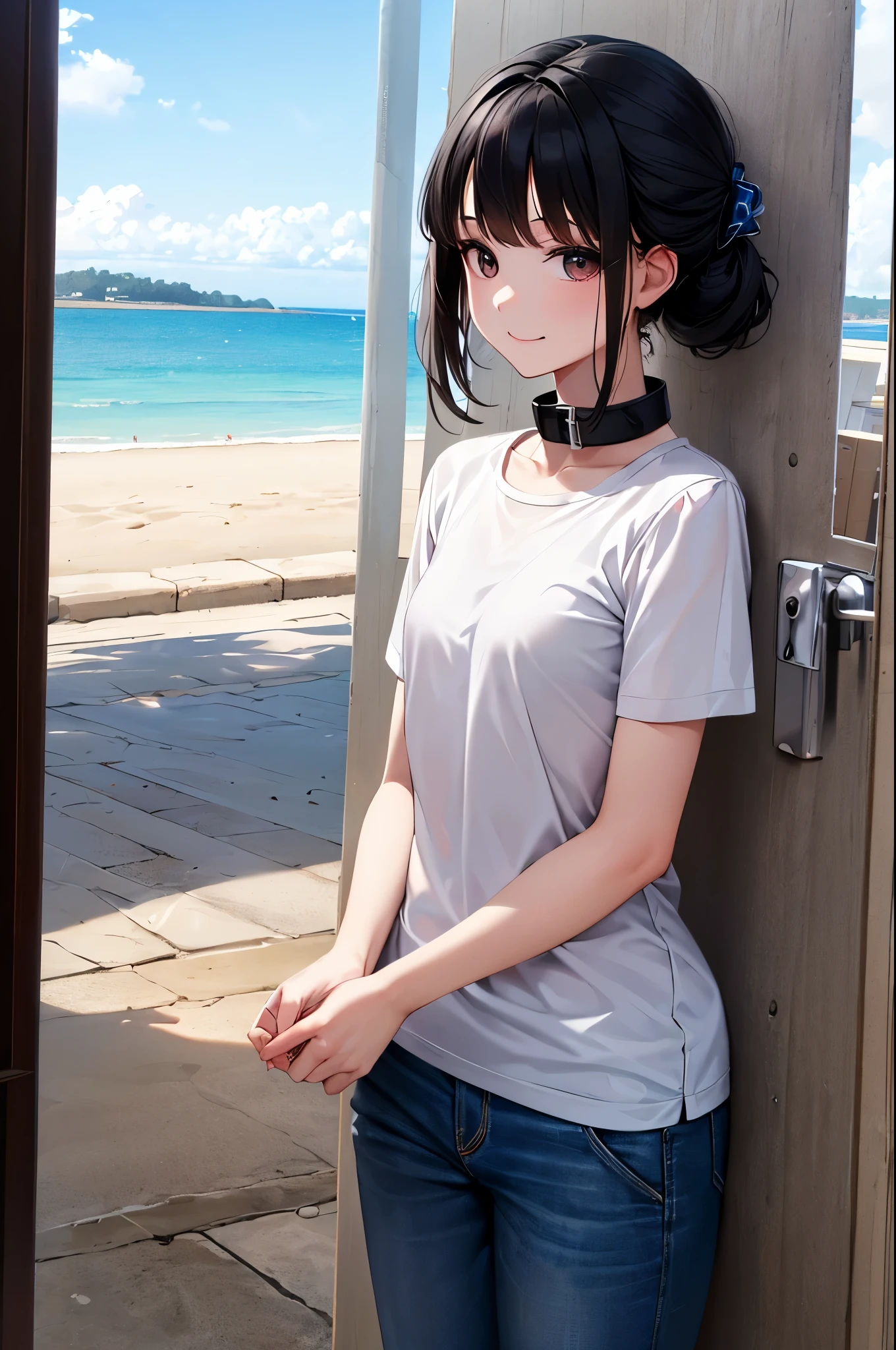 (8k, RAW photograph, highest quality, masterpiece:1.3),(Genuine,photograph:1.37),(Looking at the audience:1.331),(Black Hair),Pause,Beachfront,Morning view,sunrise,sunny,One girl,Very beautiful face,small,Hands down,Pony Hairstyle,Hair weight,Fluffy hair,Shoulder length,Straight hair,Random Expressions,Smile with the corners of your mouth,Big eyes,(T-Shirts,Round Collar,Short sleeve,Opaque color,Shirt color),(Wear pants),Mix 4,Hair accessories are not permitted,highest quality Hair