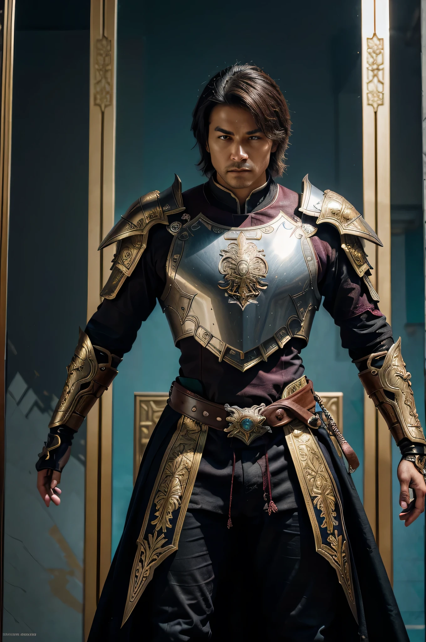 Create a hyper-realistic full-body depiction of a futuristic Chinese king hybrid in a dystopian world. Armor decorated with gold,
the king's armor should be a mix of traditional design and futuristic elements, with a high level of detail, dark metallic colors and shining turquoise inlays.
The king's weapons, a mix of swords and high-tech equipment, reflect a fusion of the past and the future. The armor should feature ornate carvings and digital filigree,
conveying majesty and mysterious power. Underneath the armor is a maroon colored cloth cape giving an elegant impression.
The surface of the armor should be reflective like a mirror with an integrated digital interface. The kings are depicted in scenes of active battle against hordes of foreign enemies,
displays action and confrontational energy.