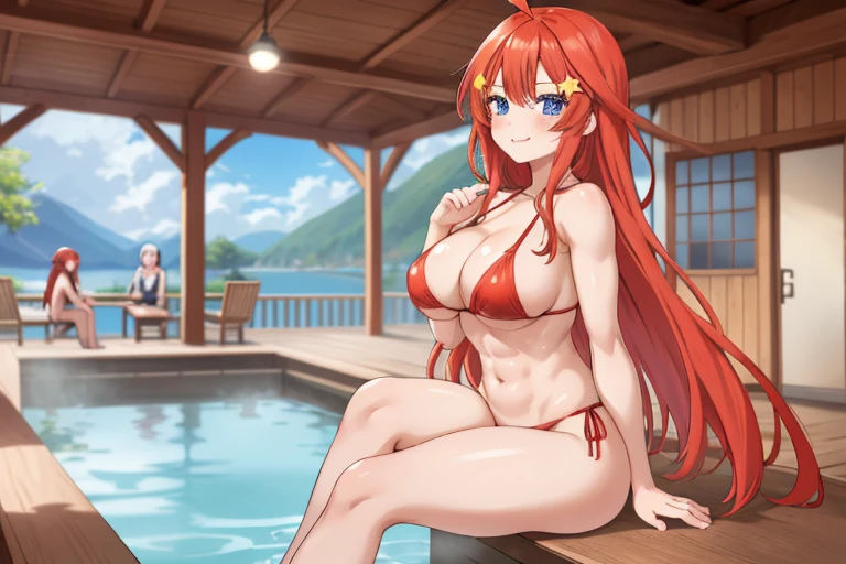 2d, masterpiece, best quality, anime, highly detailed, 5 girl, photo of 5 girl, quintuplets, nakano itsuki, red hair, long hair, star hair ornament, ahoge, huge breasts, standing, closed-air bath, public bath, red bikini, indoors, smile, abdominal, abs muscular, belly button, side breasts, back muscles, sitting crossed legs, big table filled with quintuplets surrounded by, t-back thong, sexy body, perfect body, pier at the cabin lake, naked side, muscle girl, bath time