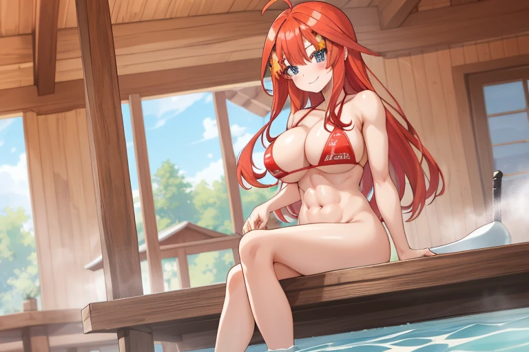 2d, masterpiece, best quality, anime, highly detailed, 5 girl, photo of 5 girl, quintuplets, nakano itsuki, red hair, long hair, star hair ornament, ahoge, huge breasts, standing, closed-air bath, public bath, red bikini, indoors, smile, abdominal, abs muscular, belly button, side breasts, back muscles, sitting crossed legs, big table filled with quintuplets surrounded by, t-back thong, sexy body, perfect body, pier at the cabin lake, naked side, muscle girl, bath time 