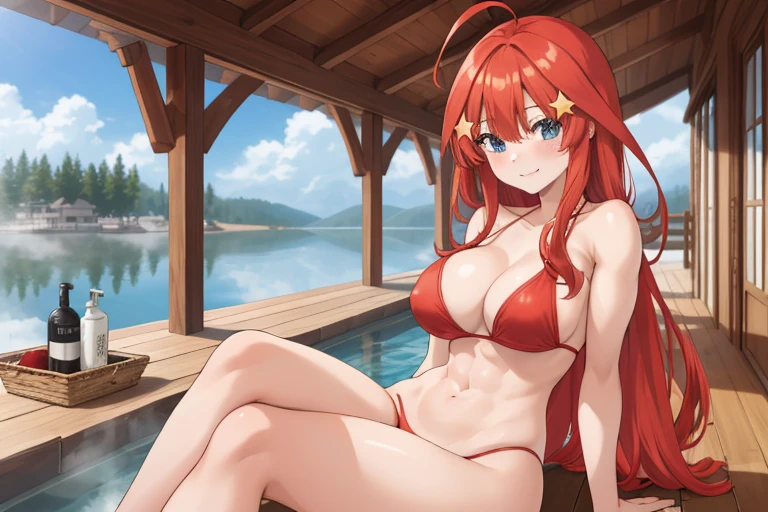 2d, masterpiece, best quality, anime, highly detailed, 5 girl, photo of 5 girl, quintuplets, nakano itsuki, red hair, long hair, star hair ornament, ahoge, huge breasts, standing, closed-air bath, public bath, red bikini, indoors, smile, abdominal, abs muscular, belly button, side breasts, back muscles, sitting crossed legs, big table filled with quintuplets surrounded by, t-back thong, sexy body, perfect body, pier at the cabin lake, naked side, muscle girl, bath time