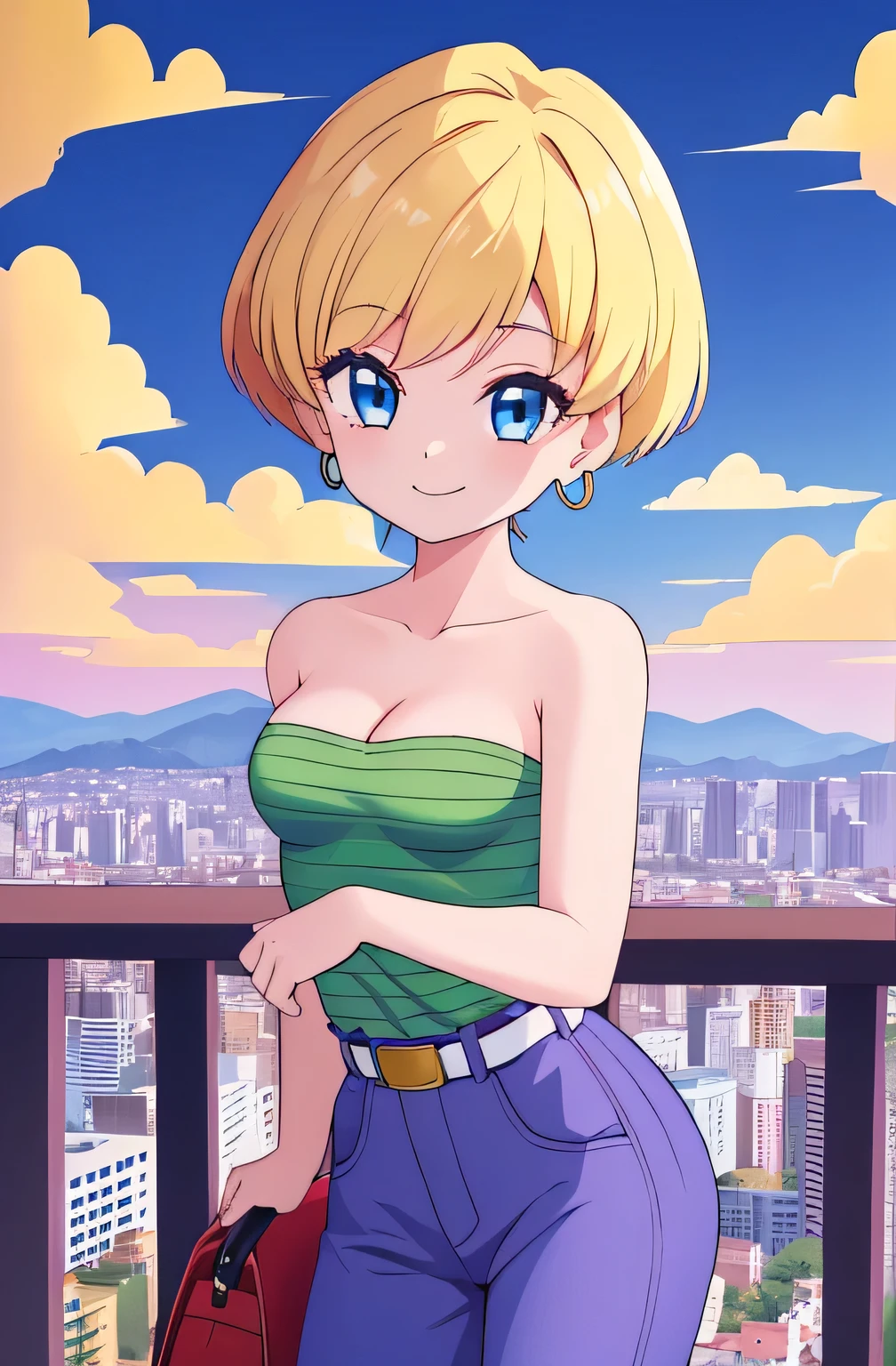 (Best Quality, Masterpiece:1.4), (Absurdres:1.2), 1 girl, Solo, erasa, blonde hair, blue eyes, earrings, green shirt, striped, strapless, cleavage, white belt, purple pants, small breasts, sky, clouds, cityscape, smile, looking at viewer, cowboy shot, railing