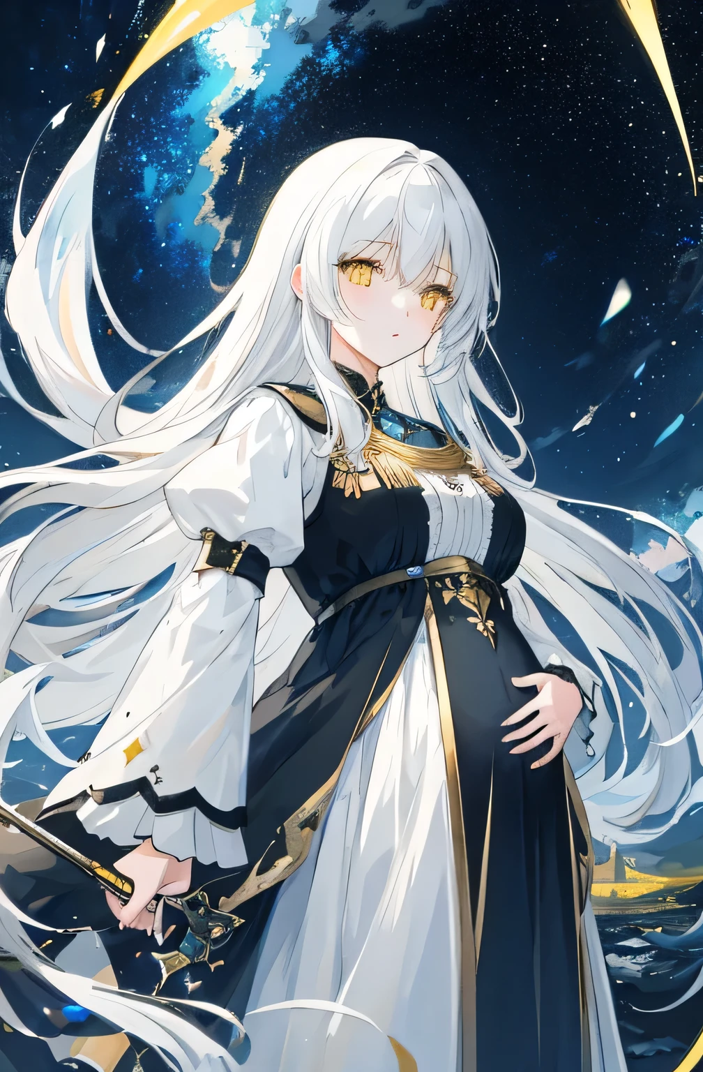((masterpiece)), ((best quality)), (amazing desinger), (best artist), (best illustrated landscape), (best performance), (4k Full HD), (HDR+), (1girl) with (long) white hair, (sparkling yellow eyes), in a landscape on the side with (amazing) starry sky drawn in artistic and cinematic tones-- MeinaPastel style--v5 (anime illustration), pregnant