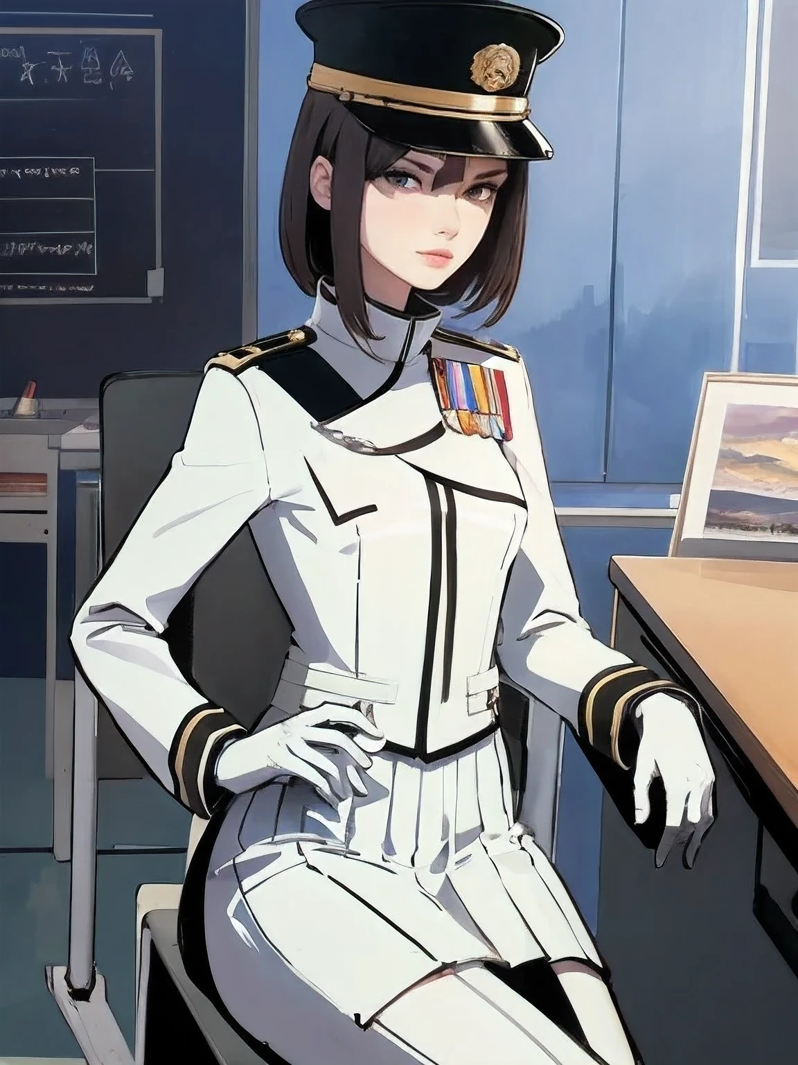 superflat, flat shading, flat colors, (masterpiece:1.2, best quality), (closeup), 2women, teen, slim, (white military outfit), pleated skirt, military hat, space cadet, sitting by desk, in classroom, put head on hand, bored, classmates in background, (spaceship interiors), futuristic, cosmos, watercolor