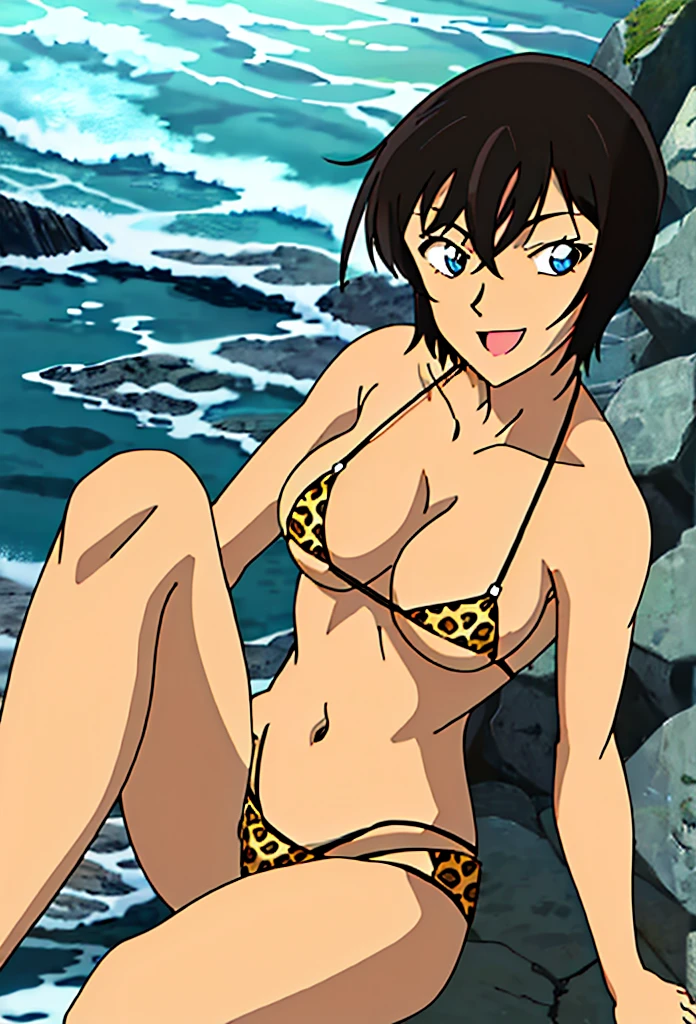 (masterpiece, 4K, highest quality, anime style: 1.9, Detailed face, Lovely, Ocean,Bold Line, High resolution, anime, Lake 4. alone, Curvaceous, Thighs, Cleavage, Medium Chest, smile, Please open your mouth wide, Very slim belly, Cowboy Shot,Leopard print micro bikini,Girl 1,blue eyes,Black Hair,short hair,Miwako Sato