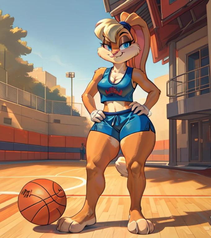 [lola bunny], [Uploaded to e621.net; (Pixelsketcher), (wamudraws)], ((masterpiece)), ((high res)), ((HD)), ((solo portrait)), ((full body)), ((front view)), ((furry; anthro)), ((detailed fur)), ((detailed shading)), ((beautiful render art)), ((intricate details)), {anthro rabbit; (slim figure), (beige fur), pink nose, (cute blue eyes), (long eyelashes), short blonde hair, (blonde bang), (ears in ponytail), (fluffy tail), (small boobs), (curvy hips), (thick thighs), (beautiful legs), (beautiful feet), (smug smirk)}, {(white tank top), (cleavage), (midriff), {(standing), (hand on hip), (looking at viewer)}, [background; (park), (basketball court), (outdoors), (blue sky), (sun rays)]