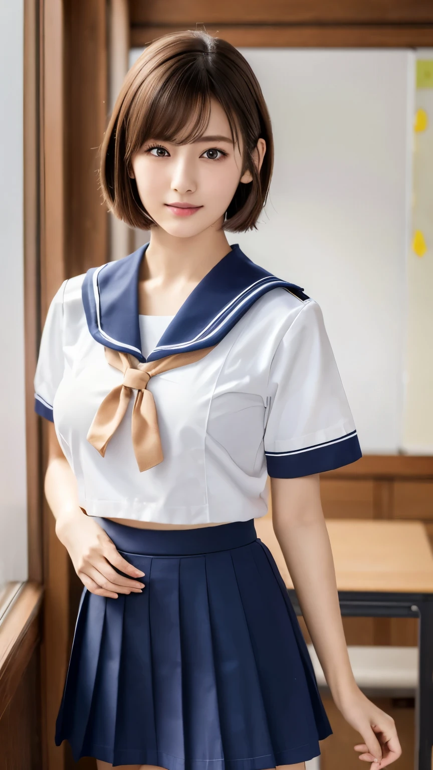 (Very cute 16 year old young woman from Japan), ((Brown delicate hair)), ((Short-cut hair in a ponytail)), (((Clean hands))),(Curly hair),(((Very sweet smile))),(((The upper body is wearing a high
sailor suit))),(((Lower body miniskirt))), (((high school student))) ((of the highest quality, 16 K, masutepiece: 1.3)), Light on Face, hyperdetailed face, very detailed lips, Detailed eyes,class room,school, office,(fullnude:1.0),(show your pussy:1.5),(full-face blush:1.3),(small breasts:1.2),(skinny:1.2),