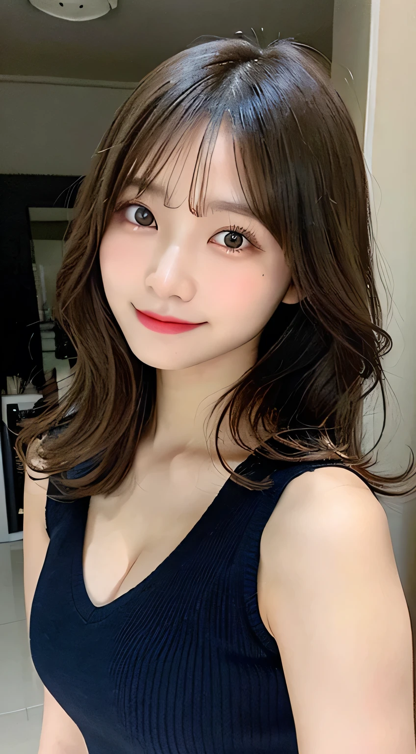 masterpiece, asian model, white skin, flawless beauty face, Best Quality, Illustration, Ultra-detailed, finely detail, hight resolution, 8K Wallpaper, Perfect dynamic composition, Beautiful detailed big eyes, Natural smile Lip,curly hair, black tanktops, Big breasts, cleavage, Full body, navel-baring, Random sexy poses, spaceship window,