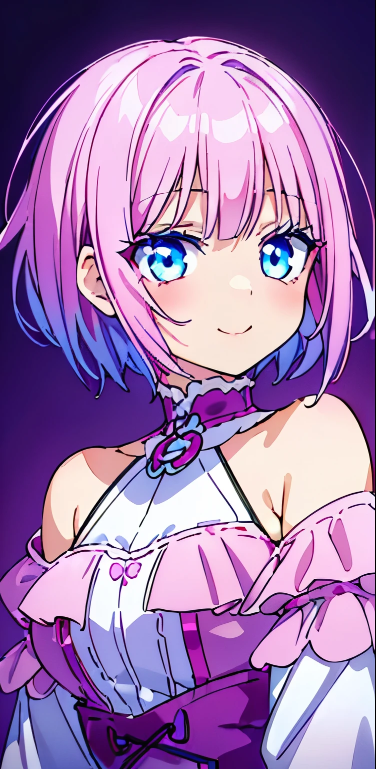 Realistic、1girl、fluorescence pink hair、blue eyes、(eye focus:1.3,face focus:1.3,upper body:1.5),(gradient eyes:1.3),(blouse)、smiley face,laugh with your mouth wide open,(happy:1.3),short hair、cute face,portrait,