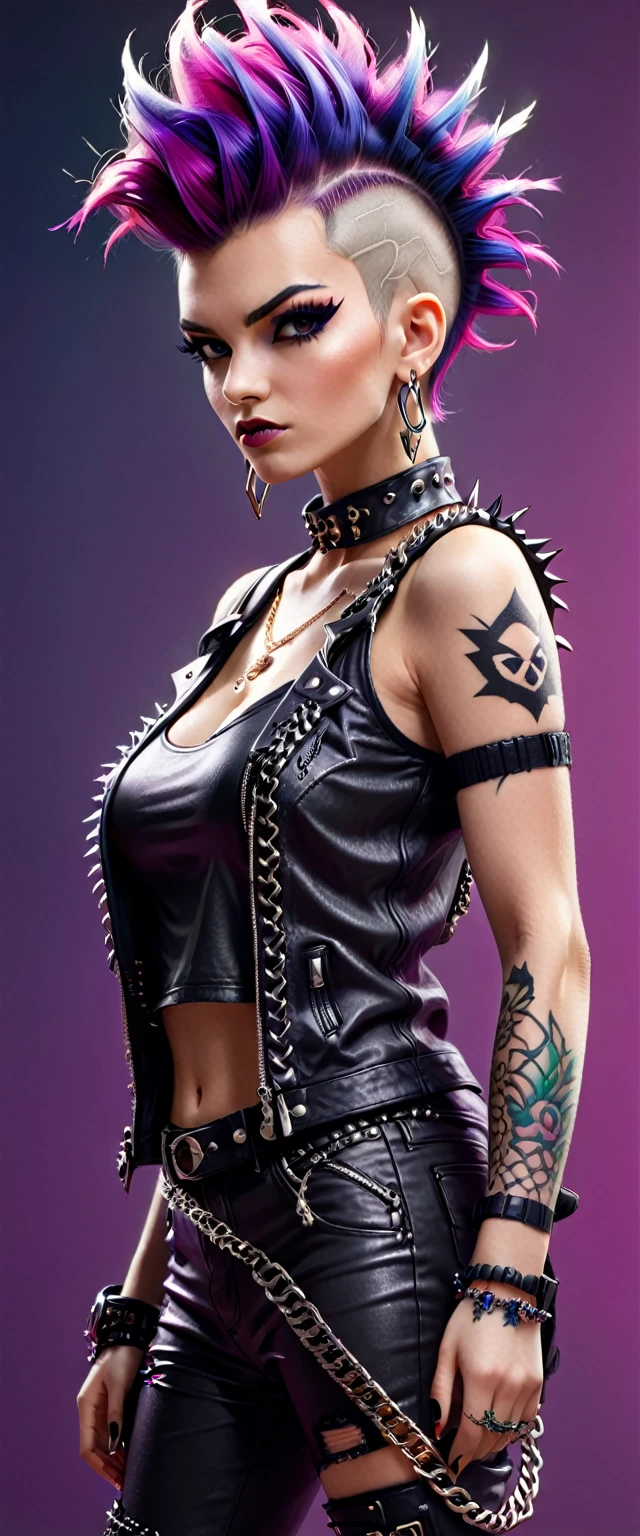 models, professional:1.6(best quality,4k,8k,highres,masterpiece:1.2),ultra-detailed,realistic,punk style,punk fashion,full body shot:1.5,general shot:1.5, rebellious,spiked clothing,chain accessories, rebellious pose,high mohawk,violet hair,colorful,edgy background,studio lighting,dynamic pose y elegamte