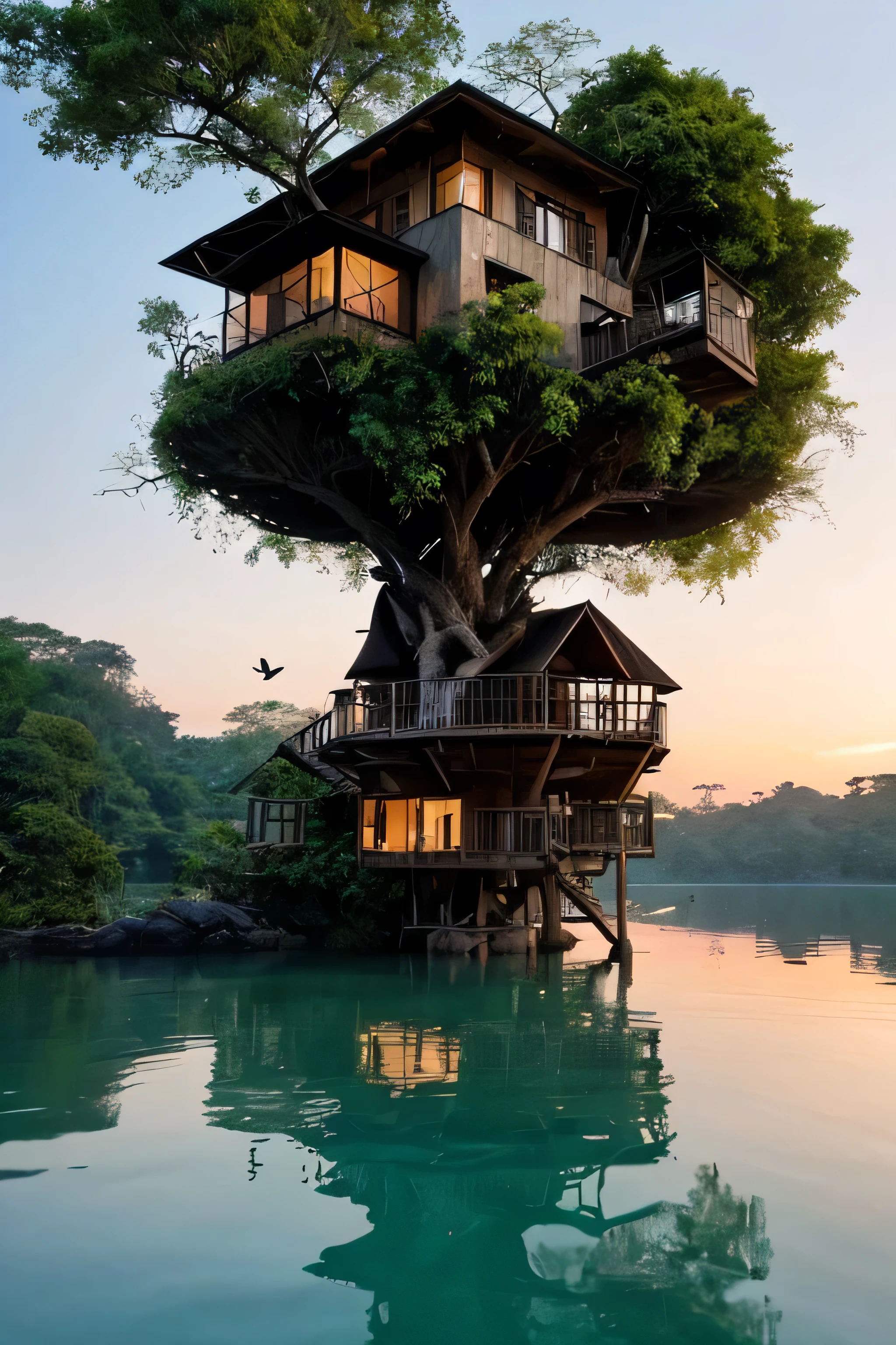 Perfection The Coolest Tree house on a large rock in the middle of the lake in the jungle with sunset, waterfall, bird flying, airroplan flying flowers in front of the house and trees on both sides of the house