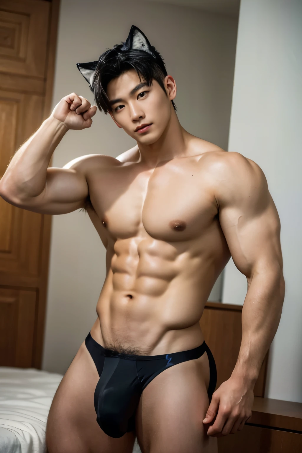 In the captivating image lies a Korean handsome guy, radiating charisma as he proudly showcases his muscular to to build in a full-bodied stand-up pose. Wearing a sexy grey bikini that accentuates his physique, he stands amidst the bedroom environment, With an unrivaled attention to detail, this photorealistic portrait embodies the National Geographic style, capturing every nuance of his textured skin in 8k resolution. His features emerge in pristine clarity, from the deep-set eyes to the chiseled jawline, making this image a true masterpiece. The lif, best quality, 8K UHD+, Leica digital SLR camera,he has big furry cat ears,