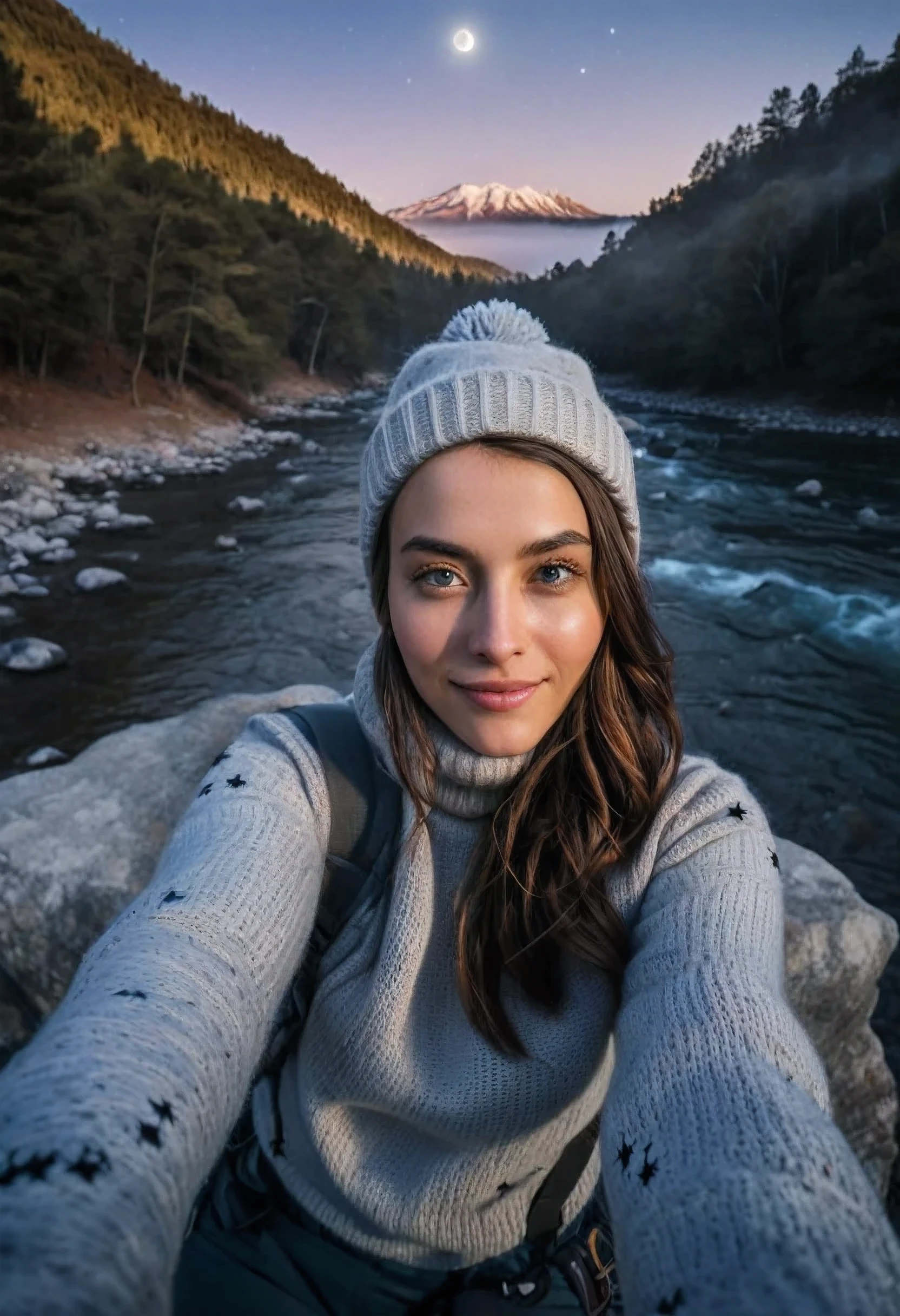 photorealistic, best quality, hyper detailed, beautiful woman, selfie photo, upper body, solo, wearing pullover, outdoors, (night), mountains, real life nature, stars, moon, (cheerful, happy), sleeping bag, gloves, sweater, beanie, flashlight, forest, rocks, river, wood, smoke, fog, clear sky, analog style, looking at viewer, skin texture, film grain, close up, ultra high res, best shadow, RAW, instagram LUT