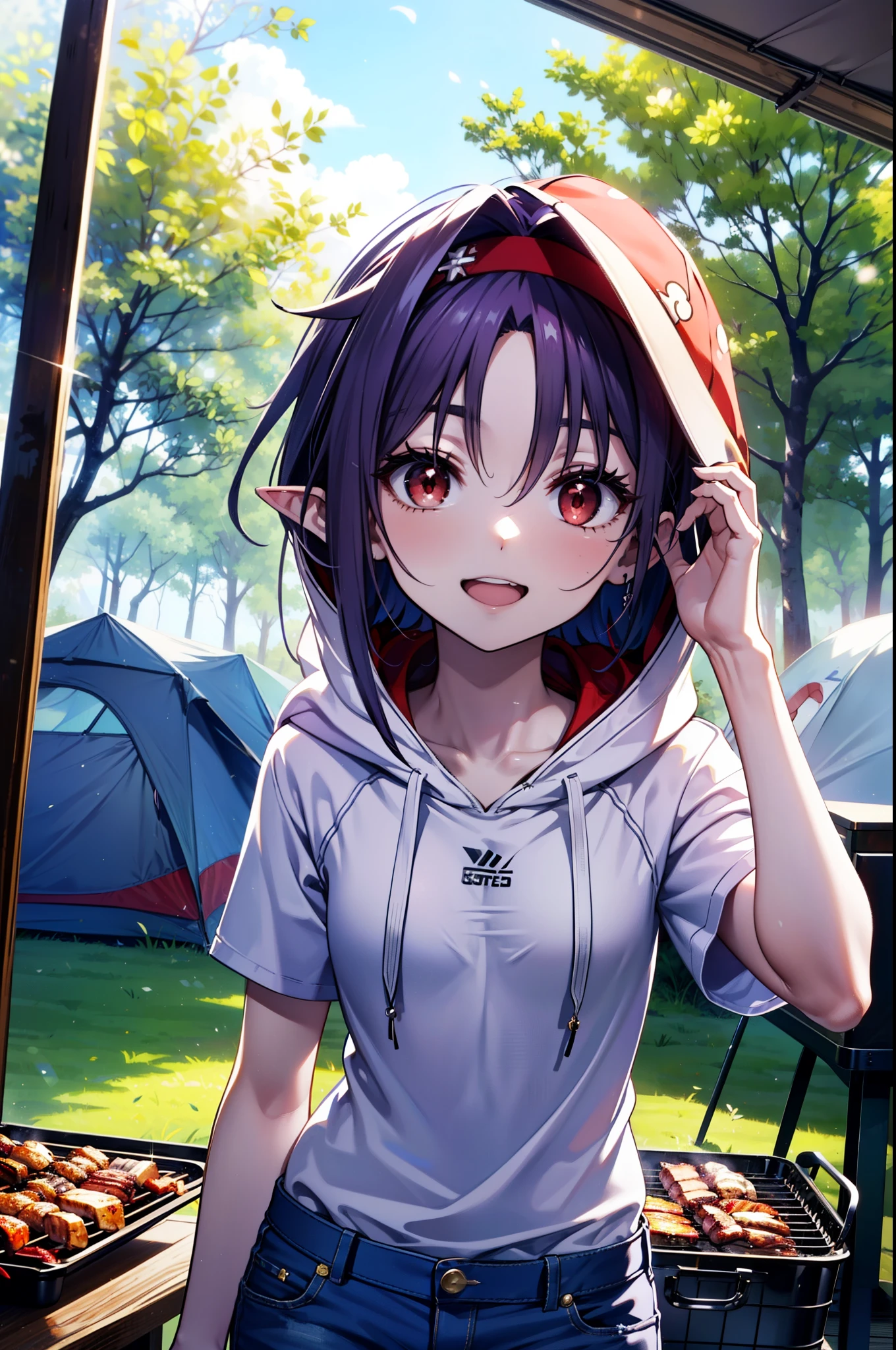 yuukikonno, Konno Yuuki, Long Hair, Pointed Ears, Purple Hair, (Red eyes:1.5), (Small breasts:1.2),smile, Open your mouth,Purple hoodie,Short sleeve,Baseball hats,Hoodie hood up,Red tank top shirt,Short denim,Red knee-high socks,High-top sneakers,Daytime,Clear skies,True Summer,barbecue,tent,
break looking at viewer, Upper Body, whole body,(Cowboy Shot:1. 5),
break outdoors, forest, nature,camp site,
break (masterpiece:1.2), highest quality, High resolution, unity 8k wallpaper, (figure:0.8), (Beautiful fine details:1.6), Highly detailed face, Perfect lighting, Highly detailed CG, (Perfect hands, Perfect Anatomy),