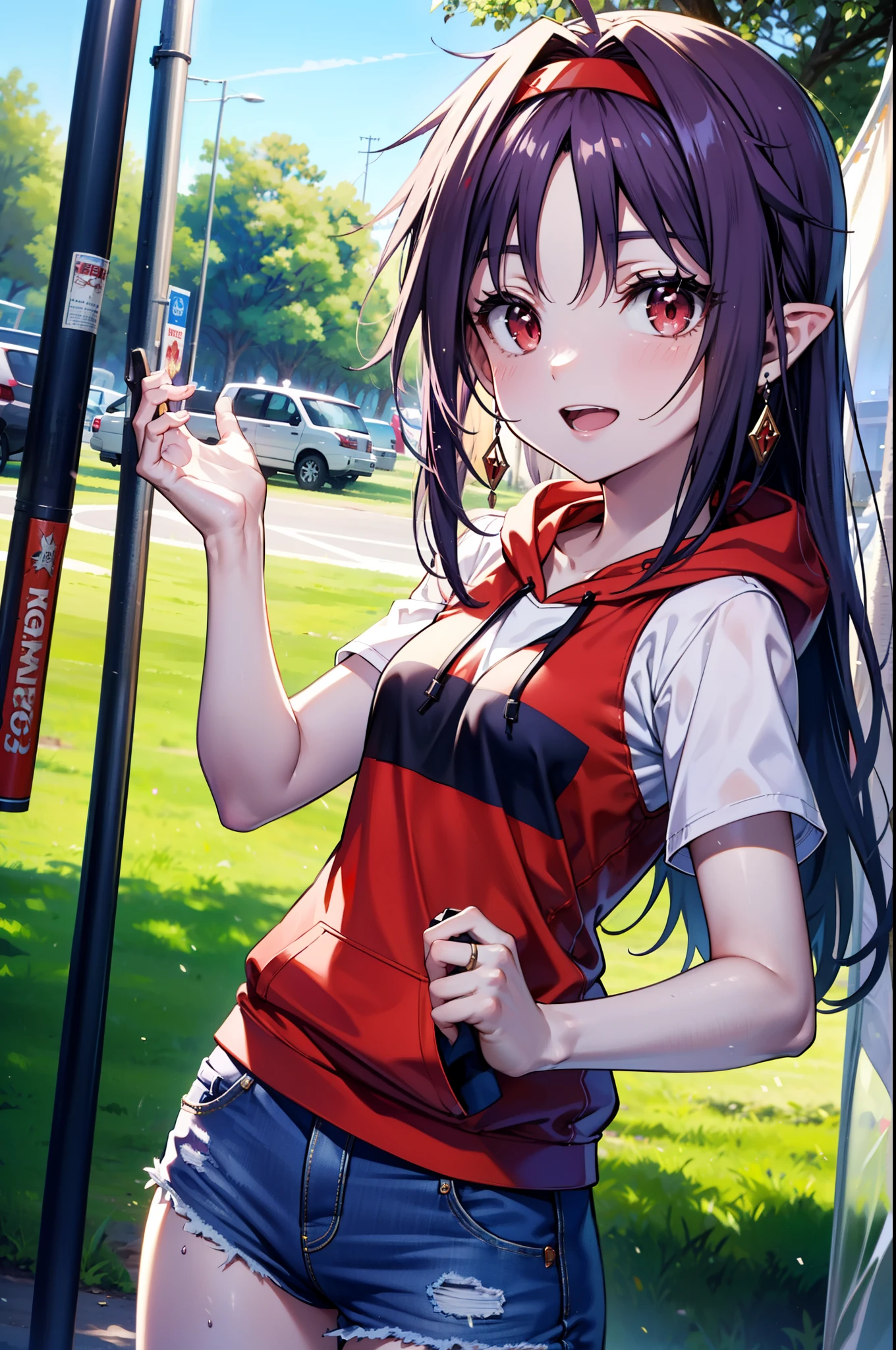 yuukikonno, Konno Yuuki, Long Hair, Pointed Ears, Purple Hair, (Red eyes:1.5), (Small breasts:1.2),smile, Open your mouth,Purple hoodie,Short sleeve,Baseball hats,Hoodie hood up,Red tank top shirt,Short denim,Red knee-high socks,High-top sneakers,Daytime,Clear skies,True Summer,barbecue,tent,
break looking at viewer, Upper Body, whole body,(Cowboy Shot:1. 5),
break outdoors, forest, nature,camp site,
break (masterpiece:1.2), highest quality, High resolution, unity 8k wallpaper, (figure:0.8), (Beautiful fine details:1.6), Highly detailed face, Perfect lighting, Highly detailed CG, (Perfect hands, Perfect Anatomy),