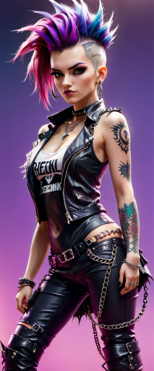 models, professional:1.6(best quality,4k,8k,highres,masterpiece:1.2),ultra-detailed,realistic,punk style,punk fashion,full body shot:1.5,general shot:1.5, rebellious,spiked clothing,chain accessories, rebellious pose,high mohawk,violet hair,colorful,edgy background,studio lighting,dynamic pose y elegamte