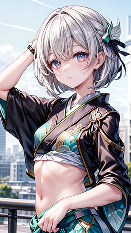 (top quality, 16K, masterpiece: 1.3)), 1 girl, Clear focus: 1.2, Beautiful woman with perfect body: 1.4, Slim abdominal muscles: 1.2, (((short bob hair)), ((small: 1.4)), ((beautiful face idol: 1.3)), (Transparent fabric kimono 1.5)), Highly detailed face and skin texture, Delicate eyes, Double eyelids, (((pause)), (Tempting)), walk, Paris Cityscape, Low Angle, Shot from below