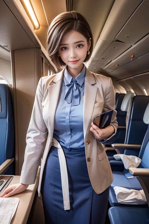 highest quality, Very detailed, masterpiece, 1 person,woman,(((完璧なwomanの体))),Very beautiful face, Very beautiful body,Gentle expression, Very beautiful eyes,(Perfect Makeup:1.1),Fashion Model,Korean Fashion,short hair,Shaggy Hair,Light blue hair:1.3, Very thin body,Smart Abs, ((Stewardess uniform:1.4)),necklace,anklet,A kind smile,Full body portrait,(background: On the plane), (Shiny skin),(Earrings),