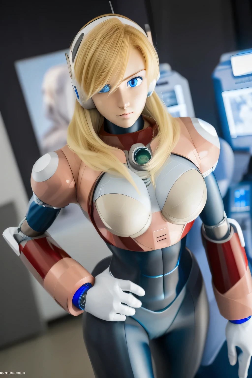 ultra detailed of a woman cyborg, 1girl, (natural skin texture, realistic eye details:1.2) alias_mega manx, alone, breasts, blue eyes, blonde hair, Android, long hair, robot ears, stand at attention, neutral stance, artwork, high quality, hypnotized, blank expression, mannequin