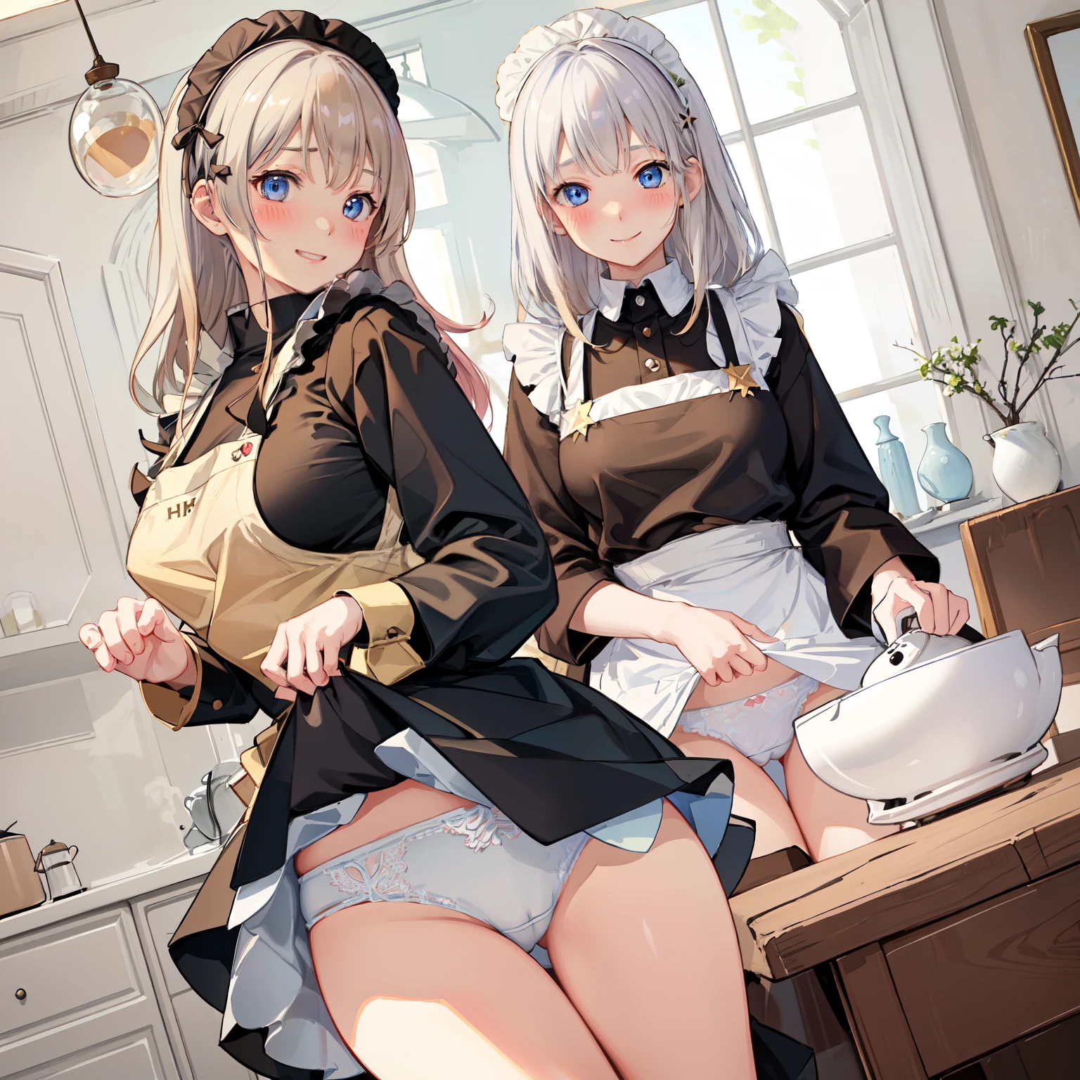 highest quality、masterpiece、((2 women))、((smile:1.3))、(blush:1.3)、Black Shirt、blouse、((fun!!))、(Small breasts)、()、Blonde、(Long sleeve)、((White apron:1.5))、((Maid))、((hair ornaments)),、Kamimei、look at me、 ((in house:1.5))、 Taking a break from watching the audience、Cowboy Shot、(Skirt lift:1.3),(Highly detailed white panties:1.3)、(Highly detailed panties:1.3)、、(スカート that rolls up:1.3)、(Panties fully exposed:1.5)、Light blue eyes、long hair、Glowing Eyes