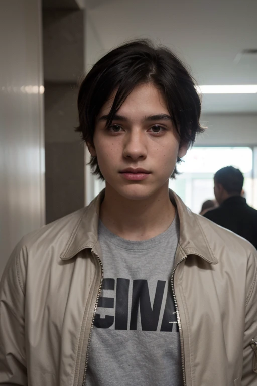 15 year old , boy , young , hyper_realism , standing next to mirros , selfie , 1 person , chiseled jawline, black hair , jacket , male , short hair , wearing Armani